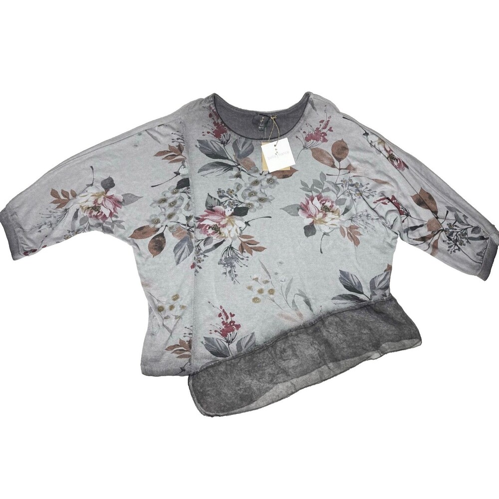 NWT Belle France Oversize Asymmetric Gray Floral Sweater Top Italy Made Women XL